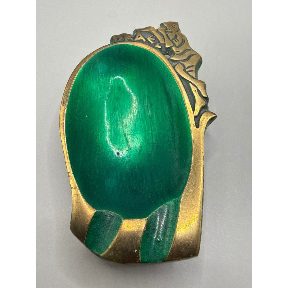 Vintage Israel Brass and Green Enamel Trinket Dish Ashtray Ornate Relief 4in - Picture 8 of 8